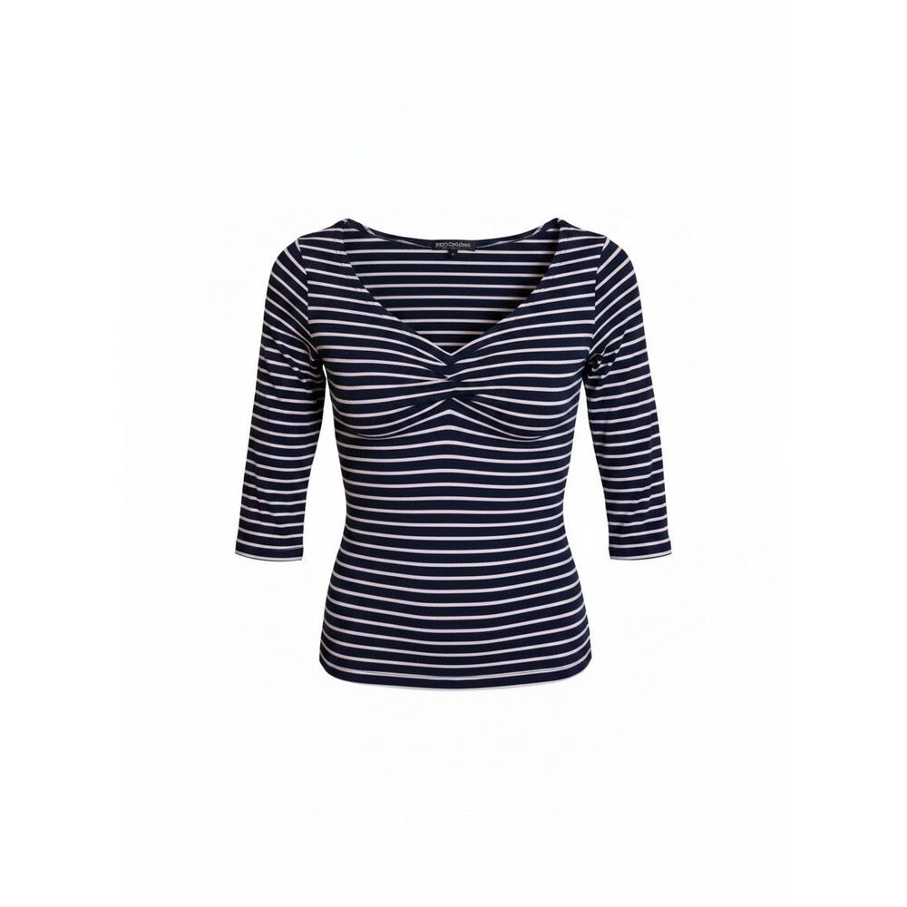 Marimekko NWOT Striped V-Neck Pleated 3/4 Sleeve Top Navy White Size Medium
